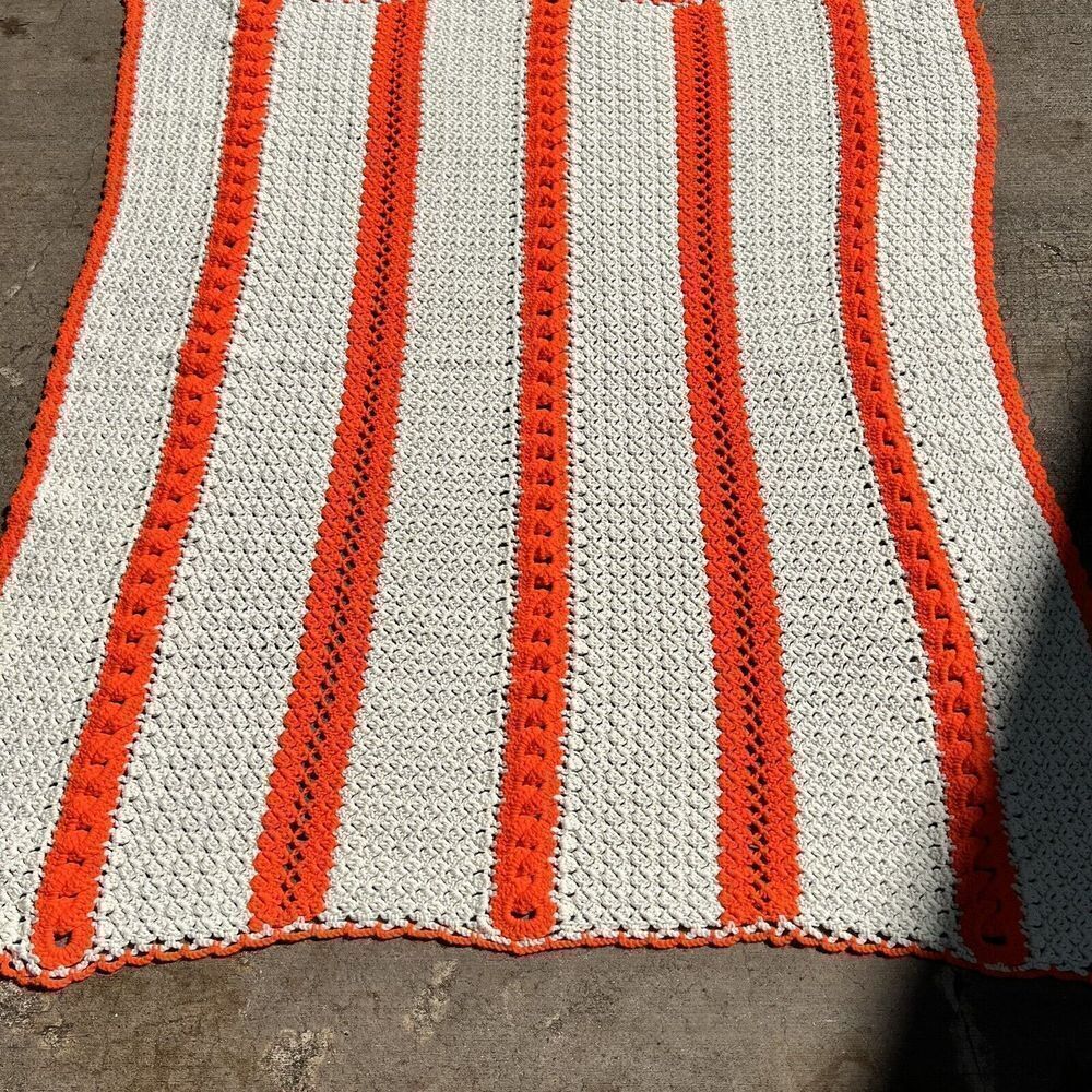 Handmade VTG Crocheted Afghan Throw White Orange Stripe Heavy MCM 56x59